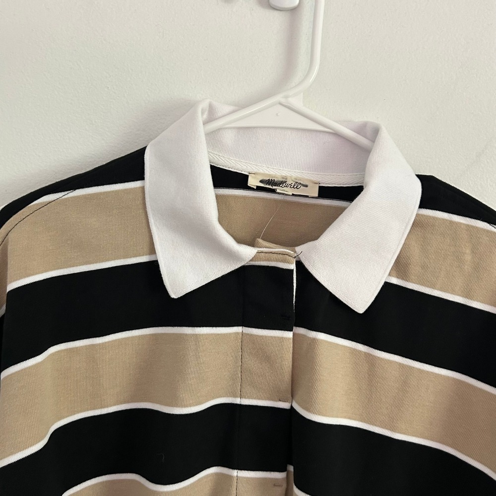 Madewell Womens Tan Black Stripe Rugby Polo Boxy Shirt M Medium New Preppy - Picture 3 of 8